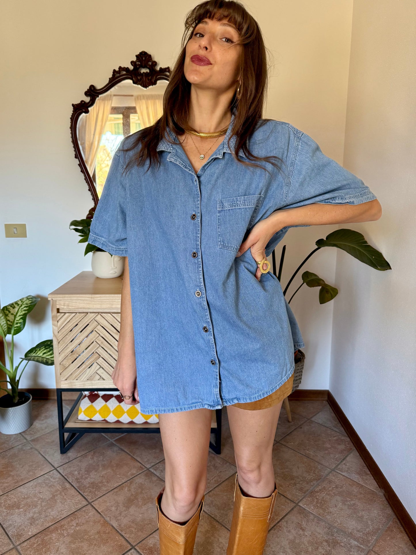 1990’s vintage light was denim shirt with geometric woven collar detailing