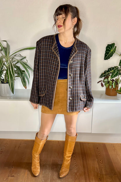 1970's vintage brown and blue oversize plaid wool blazer