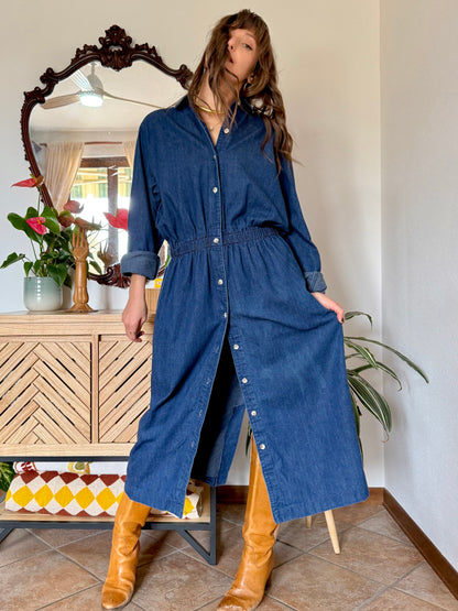 1970's vintage dark blue denim maxi dress