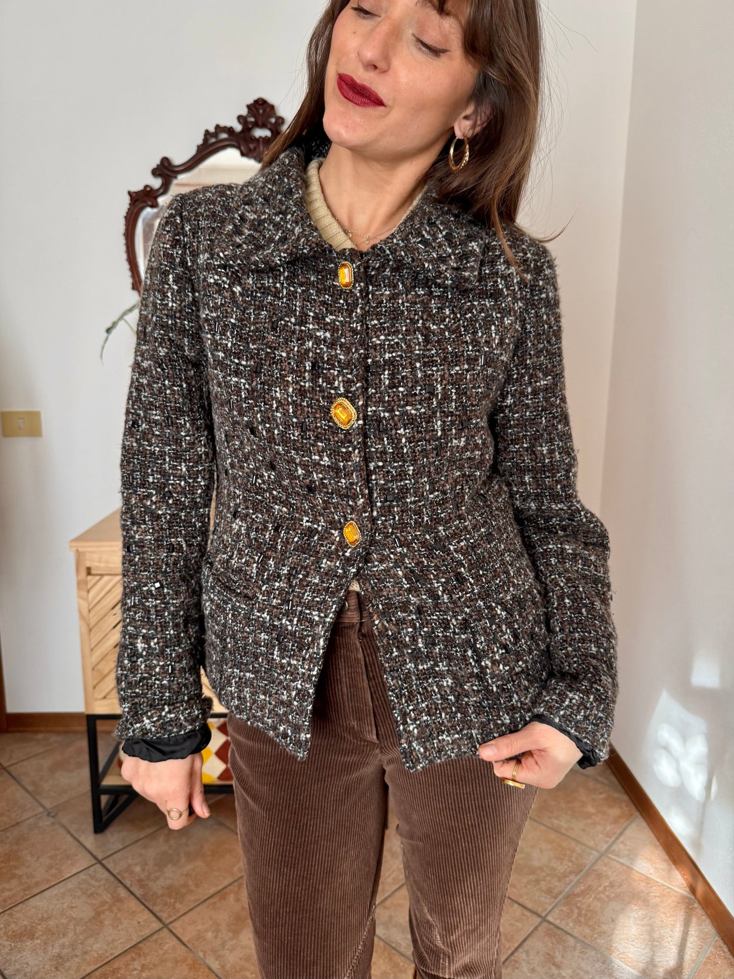 1990’s vintage black, khaki and cream boucle wool with gold and yellow glass buttons