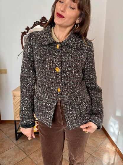 1990’s vintage black, khaki and cream boucle wool with gold and yellow glass buttons