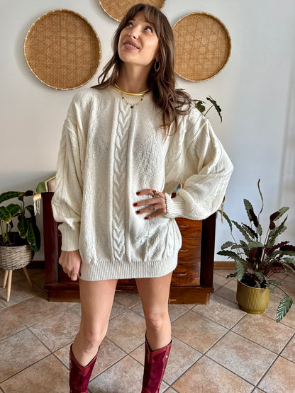 1970's vintage oversize cream wool blend cable knit Fisherman's pullover