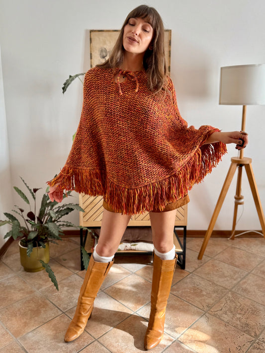 1970's vintage yellow and burgundy knit poncho with fringe details