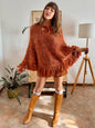 1970's vintage yellow and burgundy knit poncho with fringe details