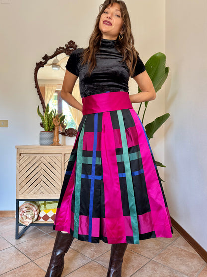 1970’s vintage black, fuchsia,green and blue plaid satin midi skirt