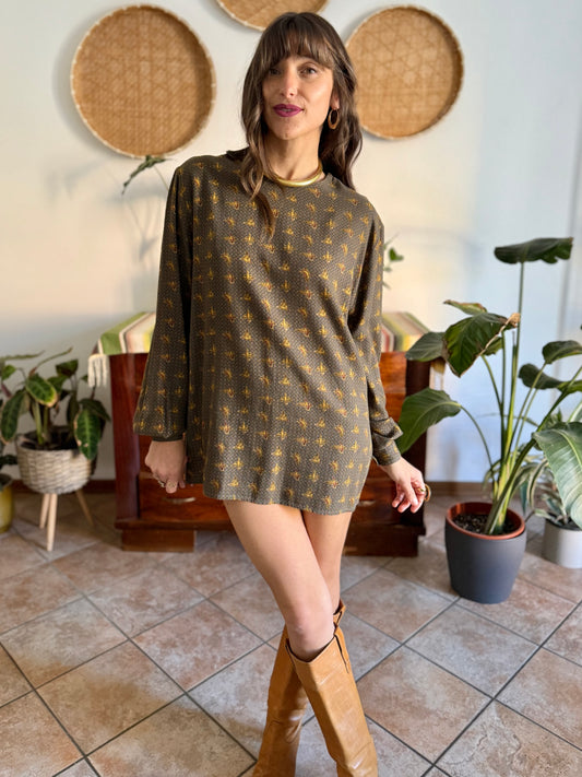 1970’s vintage Emporio Armani dark green, navy and burgundy duck print shirt dress