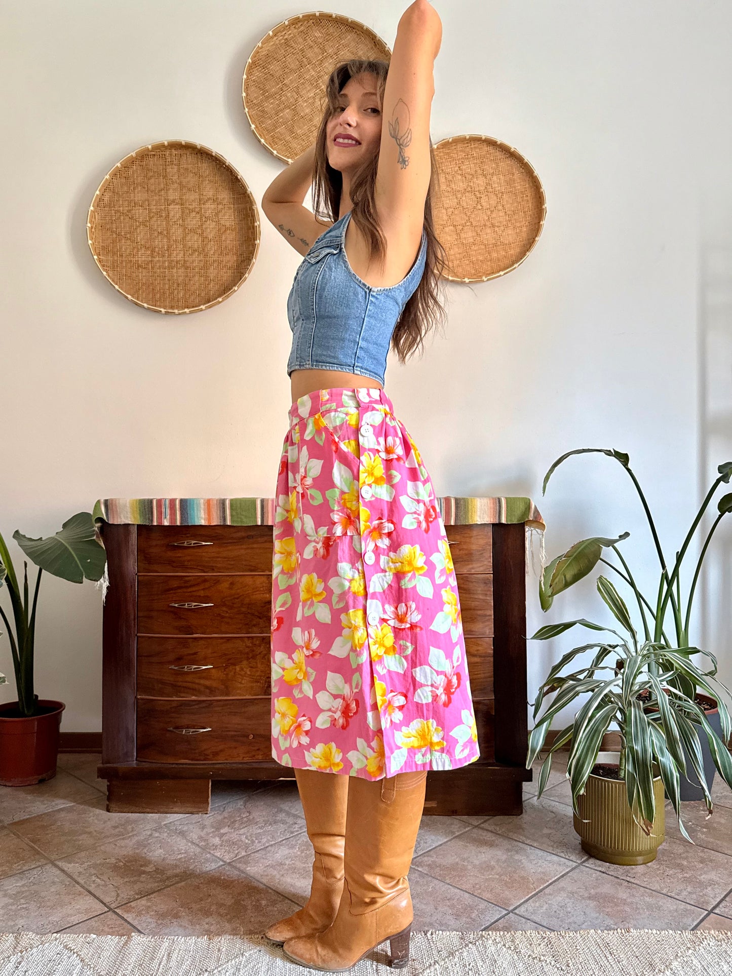 1970’s vintage pink and yellow button down midi skirt