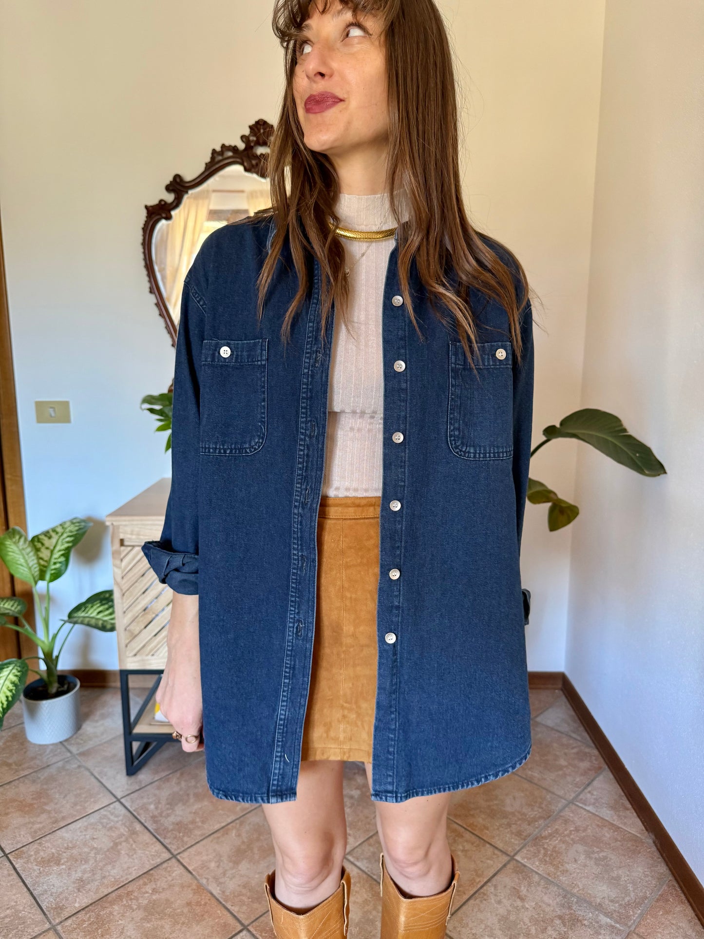 1990’s vintage thick dark denim shirt with metallic buttons