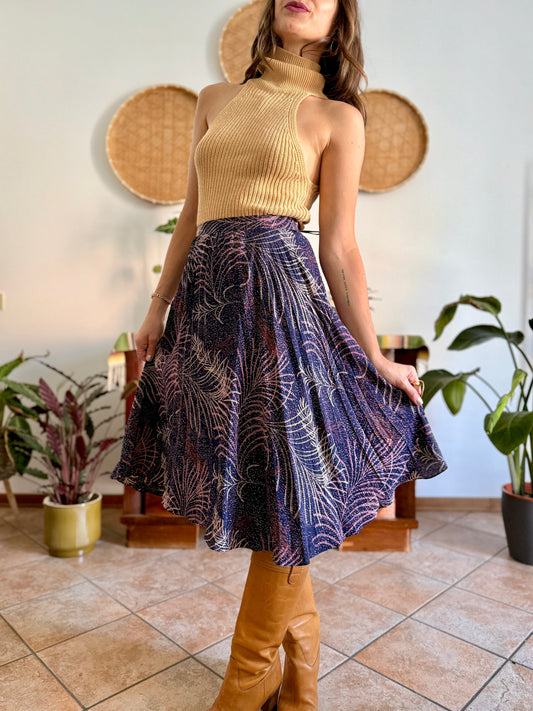 1970's vintage navy blue silk skirt with pink and cream abstract print