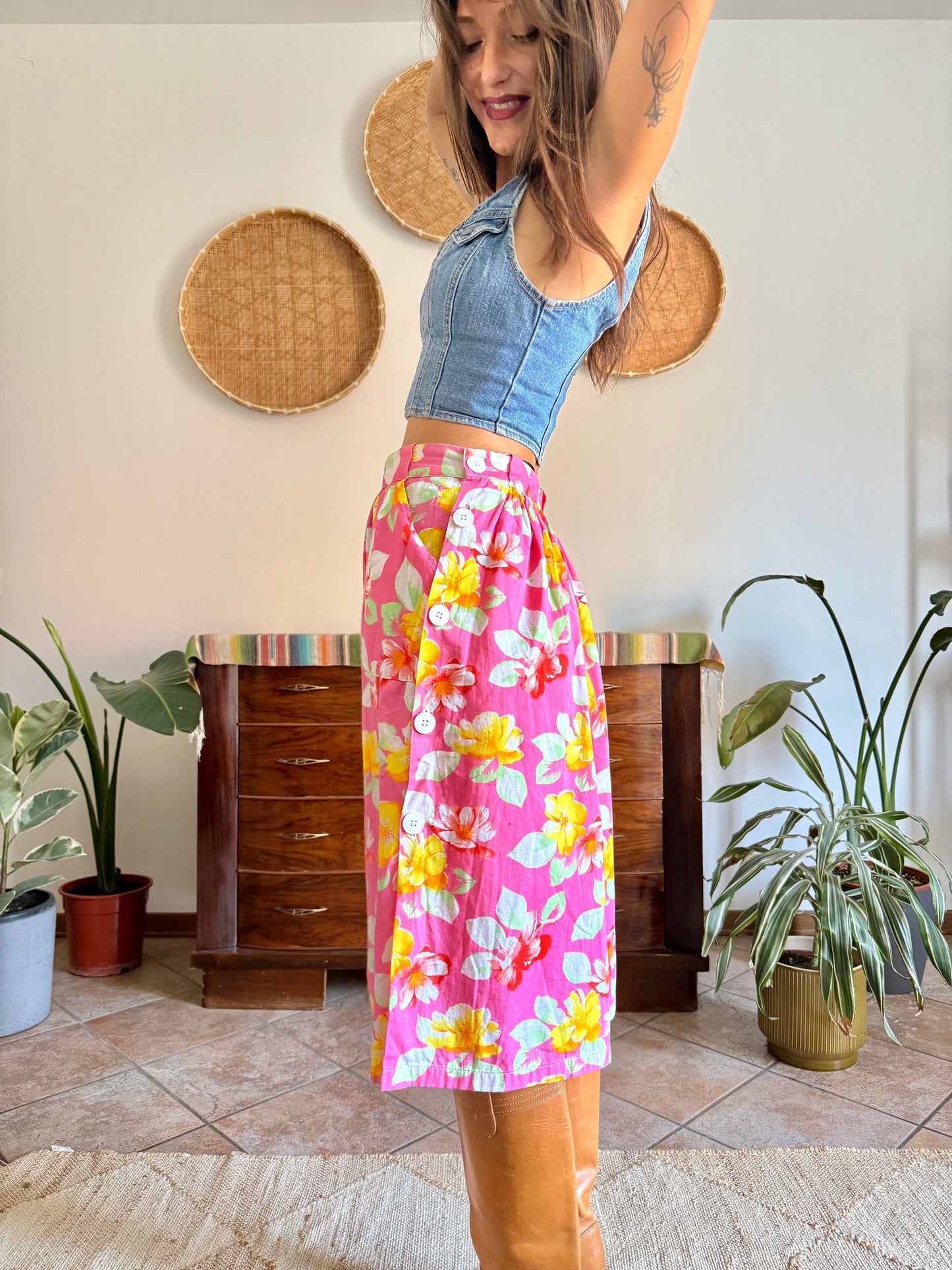 1970’s vintage pink and yellow button down midi skirt