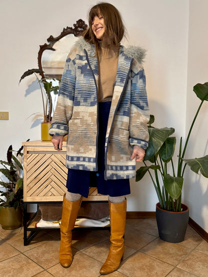 1990's vintage blue and tan Aztec pattern wool coat