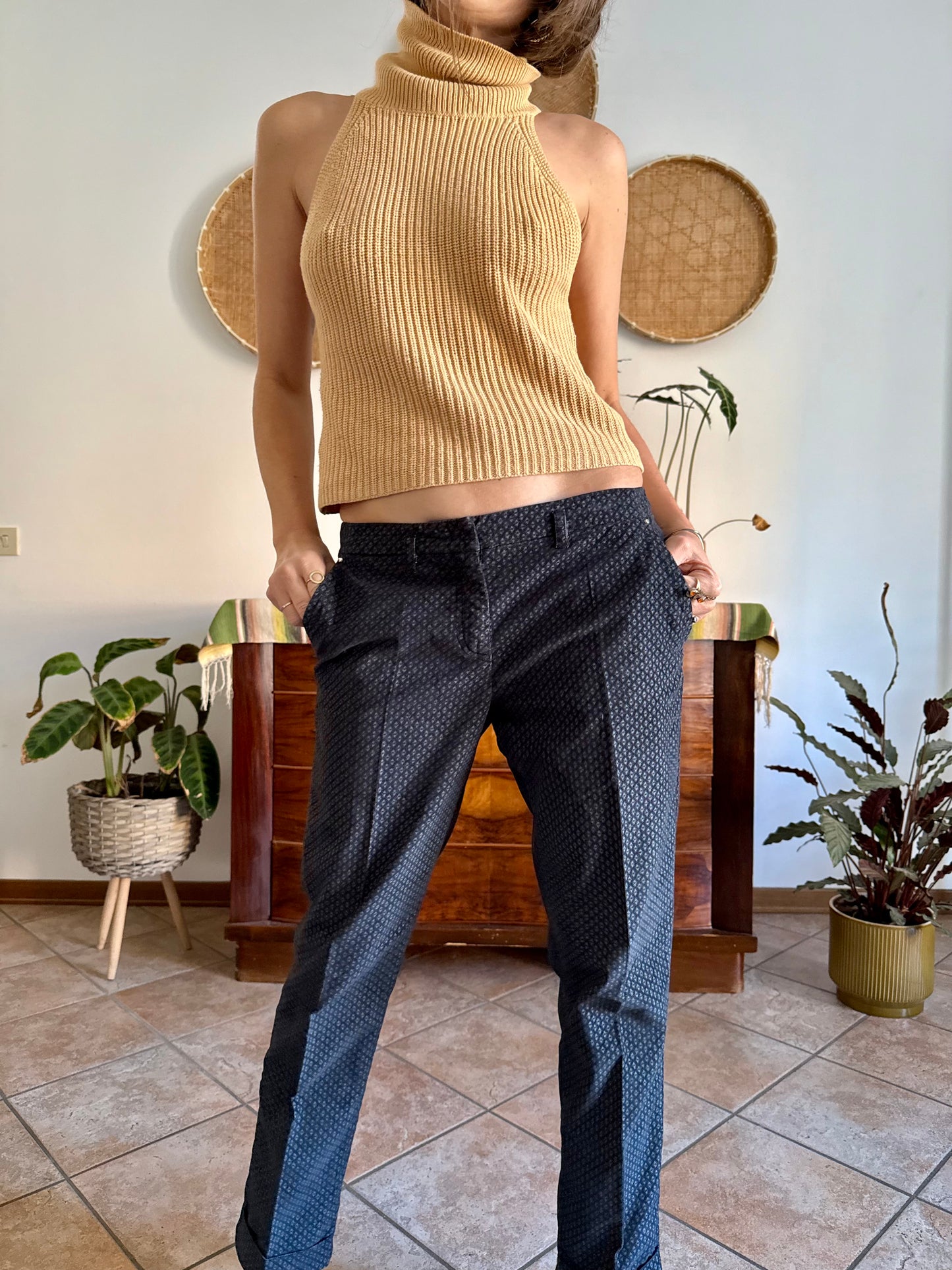 Y2k vintage black and light blue geometric print velvet trousers