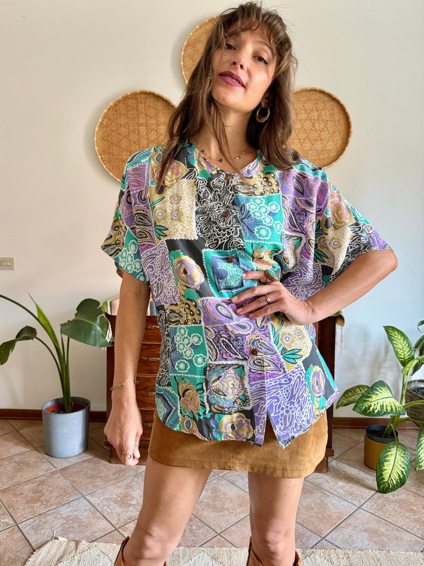 1990’s vintage lilac, turquoise and tan patchwork floral print blouse