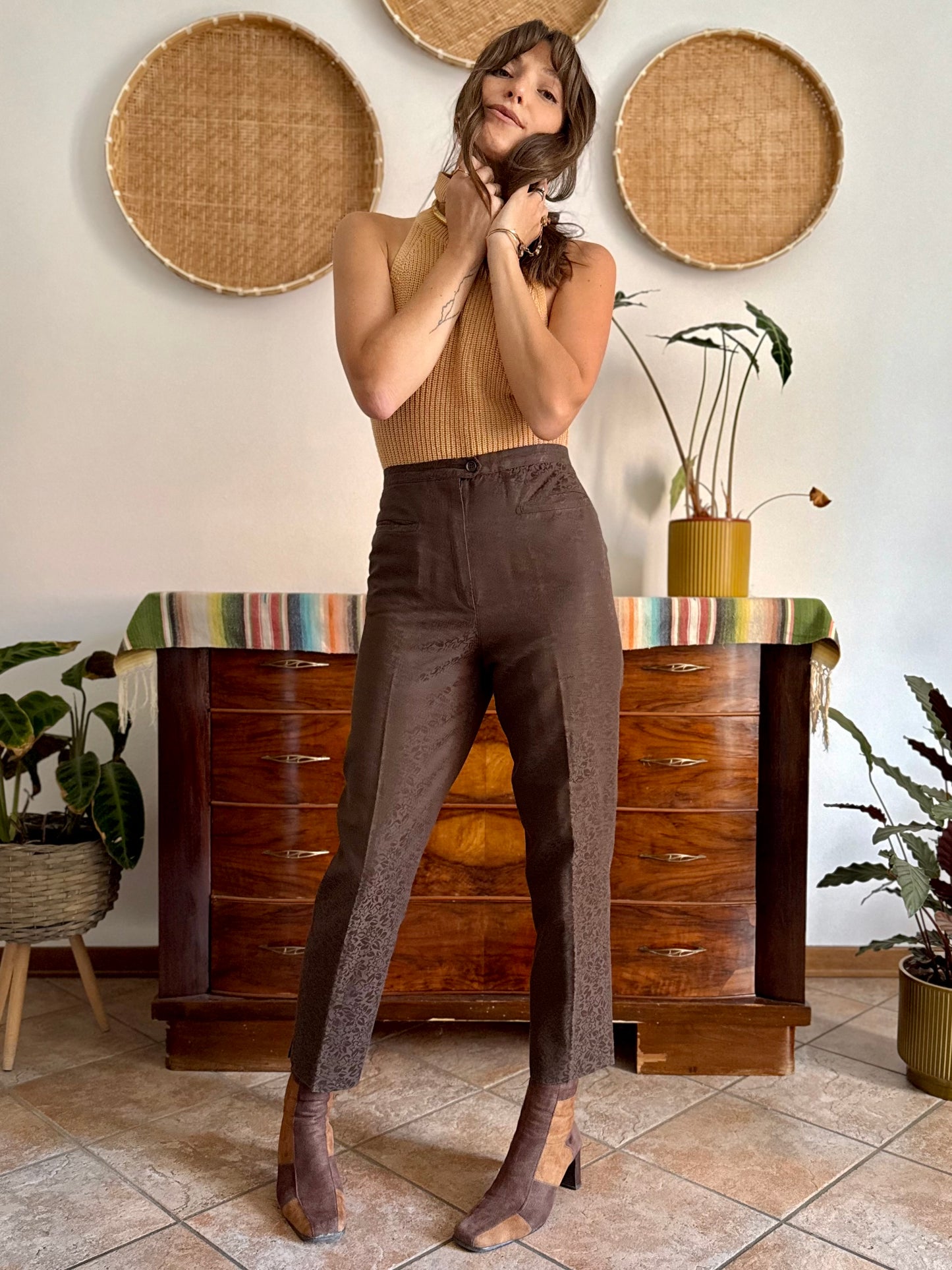 1970's vintage chocolate brown floral print tailored trousers