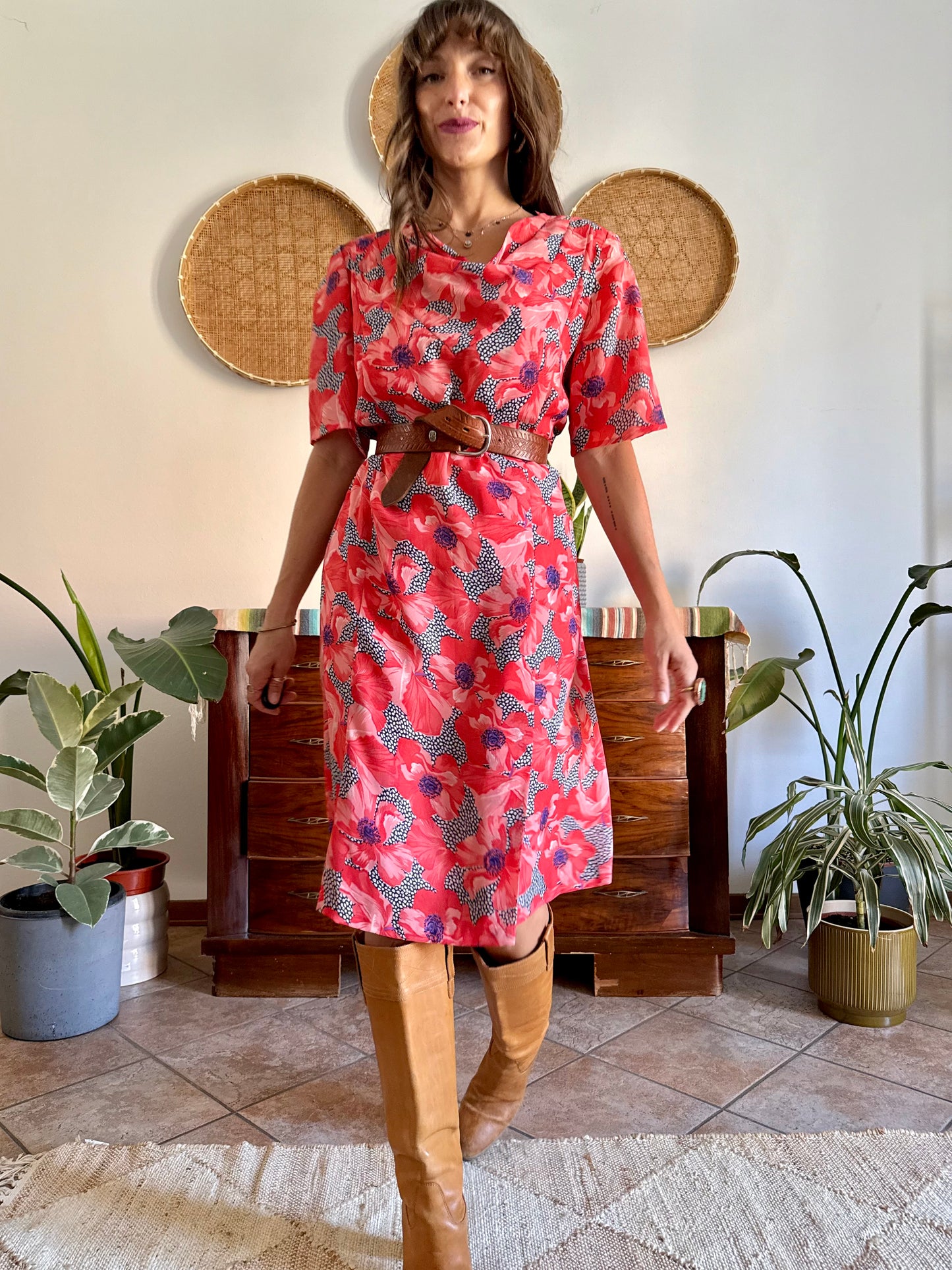 1960’s vintage punk and purple floral print midi dress with cowl neck