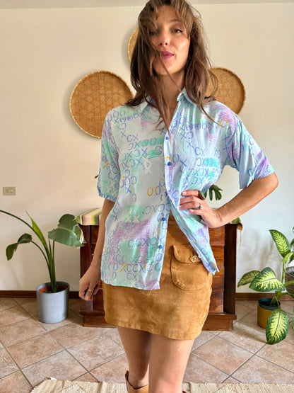 1990’s vintage lilac, turquoise and light blue geometric print blouse