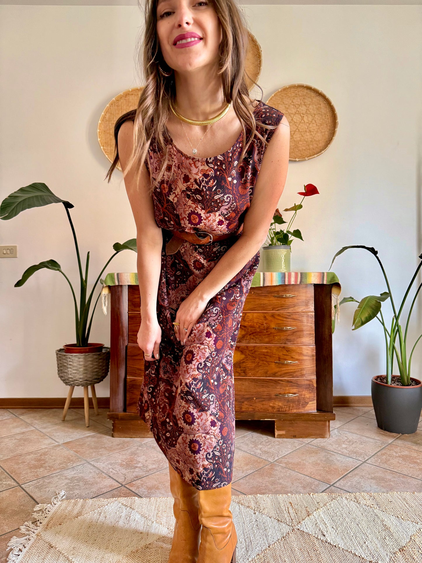 1990’s vintage burgundy, pink and orange floral paisley print maxi dress