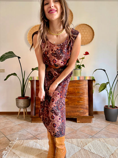 1990’s vintage burgundy, pink and orange floral paisley print maxi dress