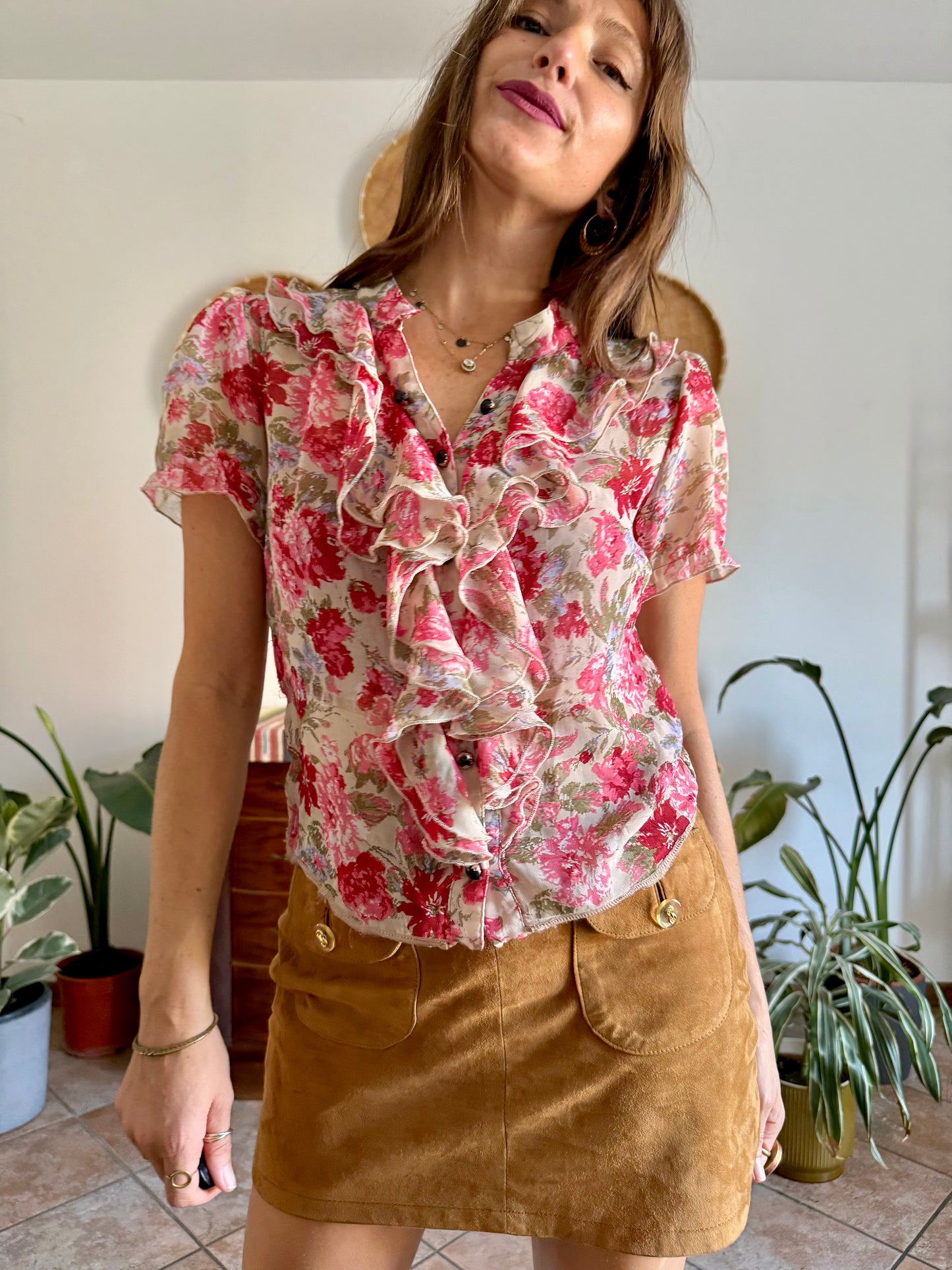 Y2K vintage pink floral ruffle silk blouse