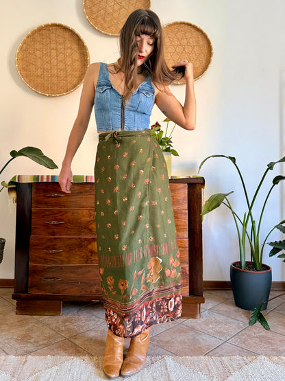 1990's vintage olive green, brown and dark orange floral wrap maxi skirt