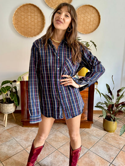 1970's vintage navy blue and chocolate brown plaid shirt