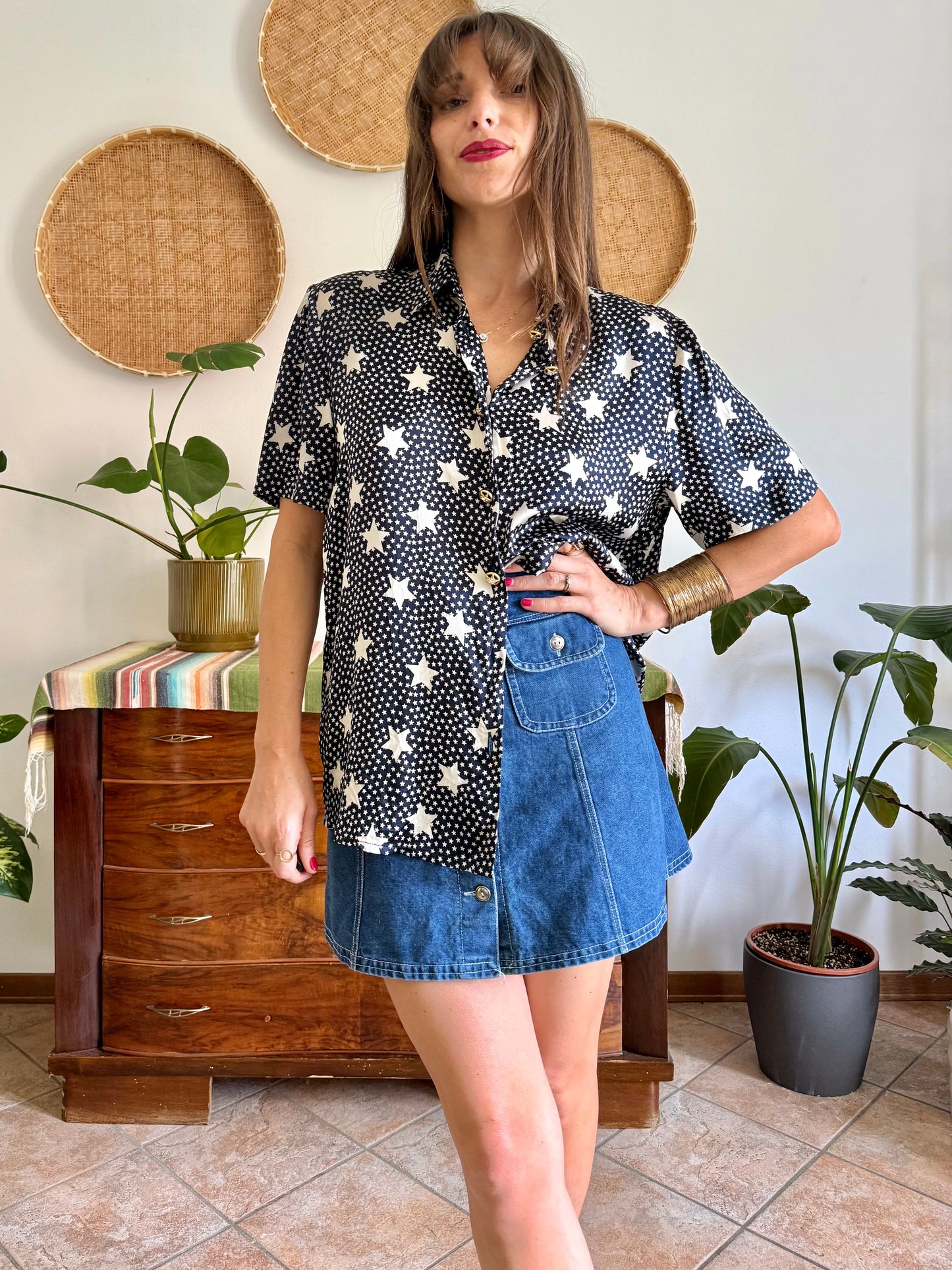 1970’s vintage navy blue silk blouse with star print and rhinestone star buttons