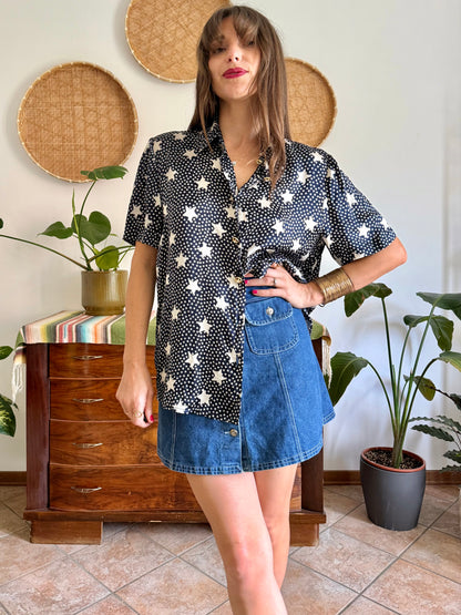 1970’s vintage navy blue silk blouse with star print and rhinestone star buttons