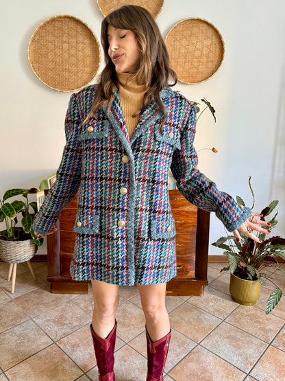 1970's vintage oversize wool blue, turquoise, and grey houndstooth plaid coat