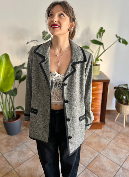 1990's vintage grey tweed oversize blazer with black trim