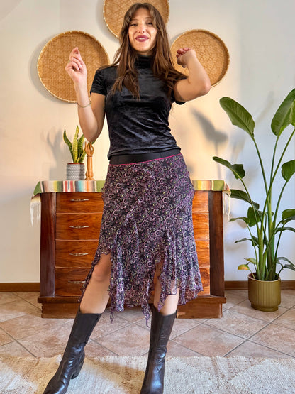 Y2K vintage asymmetrical hem silk paisley print skirt