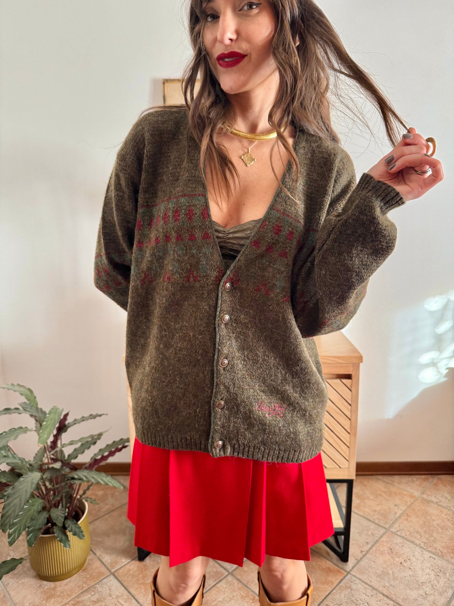 1990’s vintage green, red and khaki geometric knit wool and alpaca blend cardigan