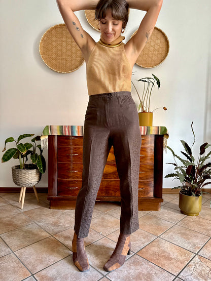 1970's vintage chocolate brown floral print tailored trousers