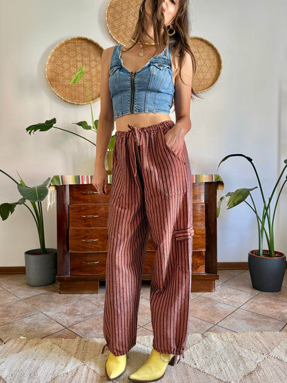 1990’s vintage chocolate brown and pink stripe woven wide leg trousers
