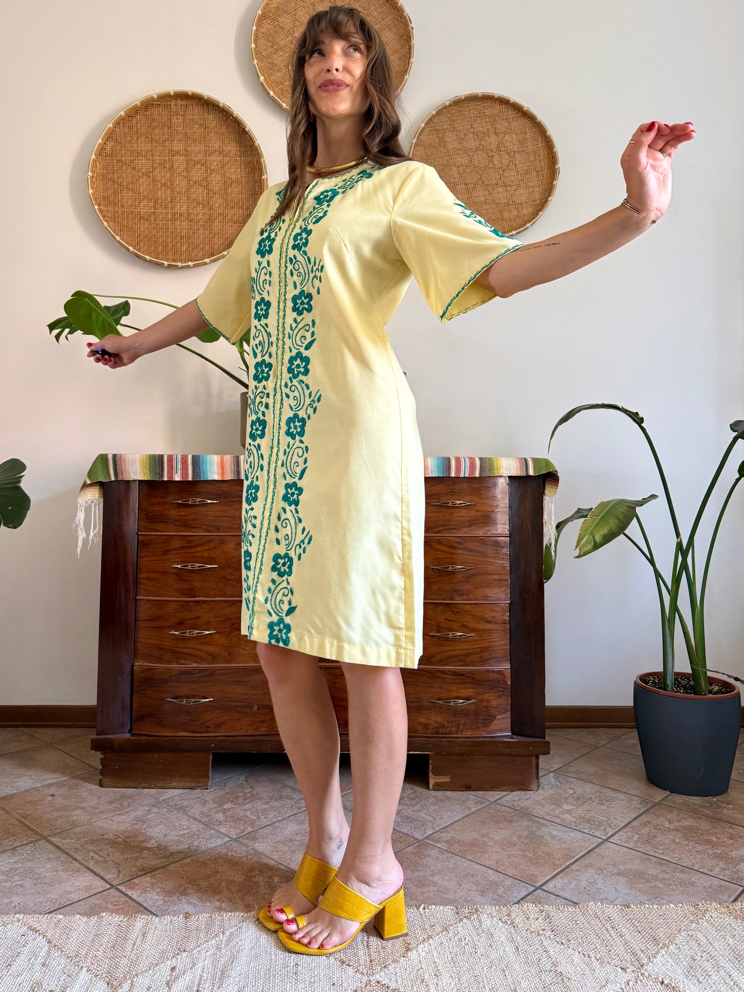 1970's vintage butter yellow cotton midi dress with green floral embroidery