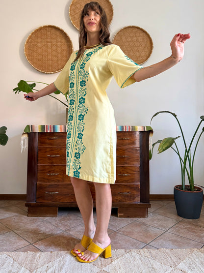1970's vintage butter yellow cotton midi dress with green floral embroidery