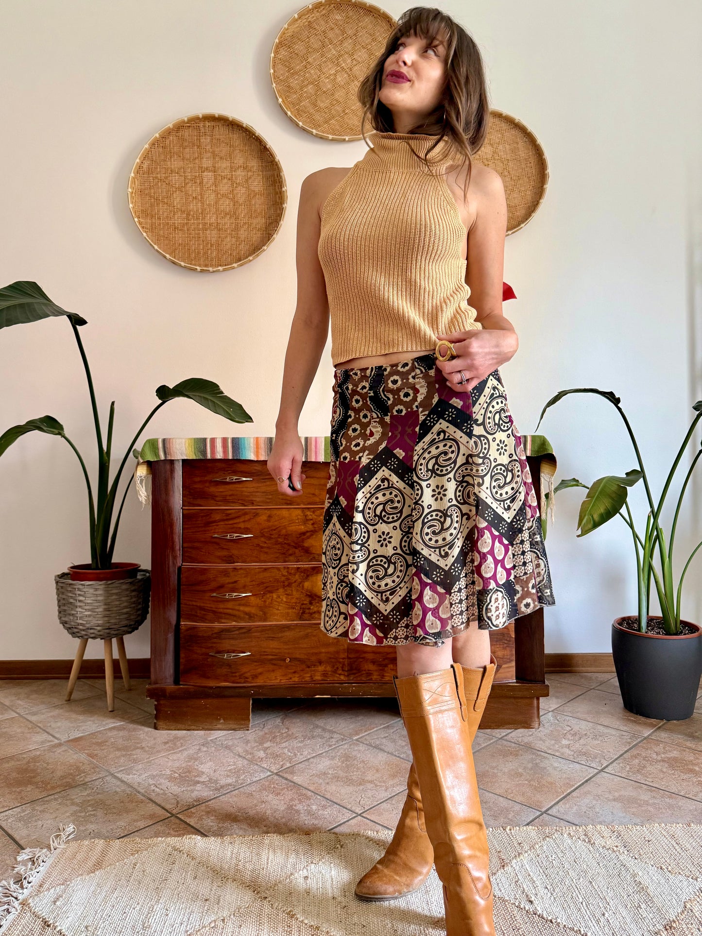 Y2K vintage burgundy, tan and black geometric print midi skirt