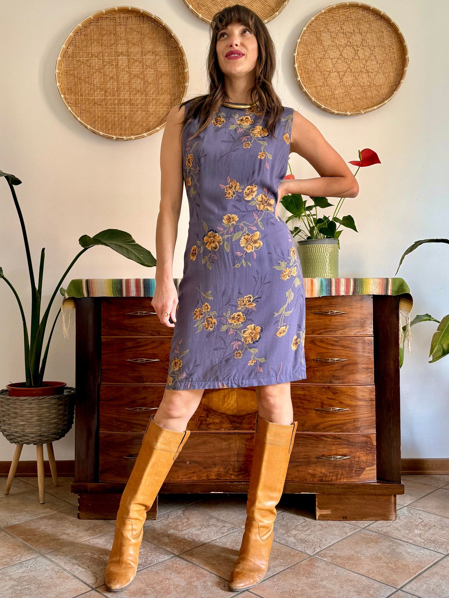 1990’s vintage purple midi shift dress with yellow and orange floral pattern