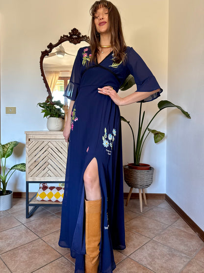 Y2k vintage navy blue belle sleeve maxi dress with floral embroidery