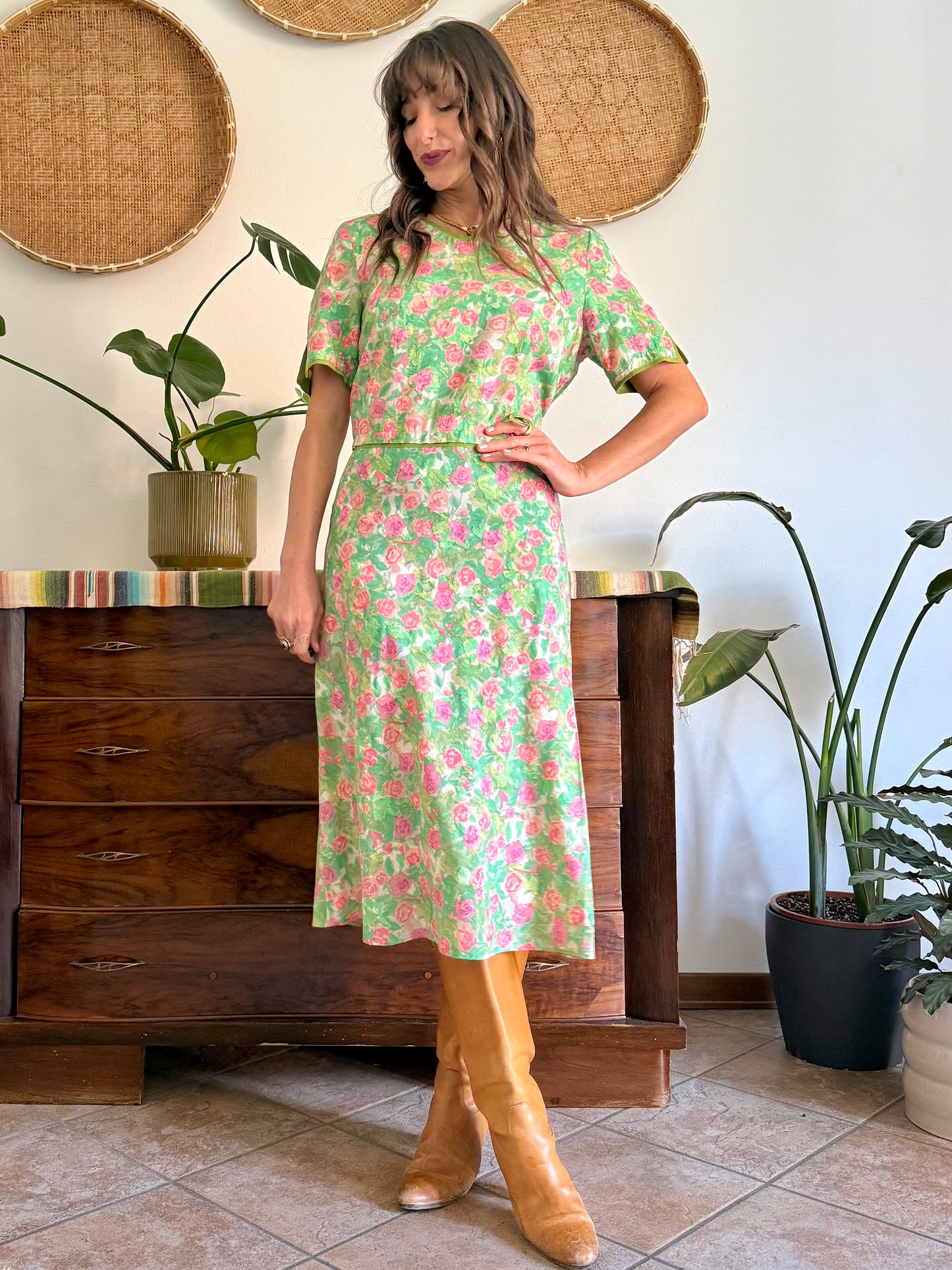 1960’s vintage semi sheer green, pink and white textured floral print midi dress