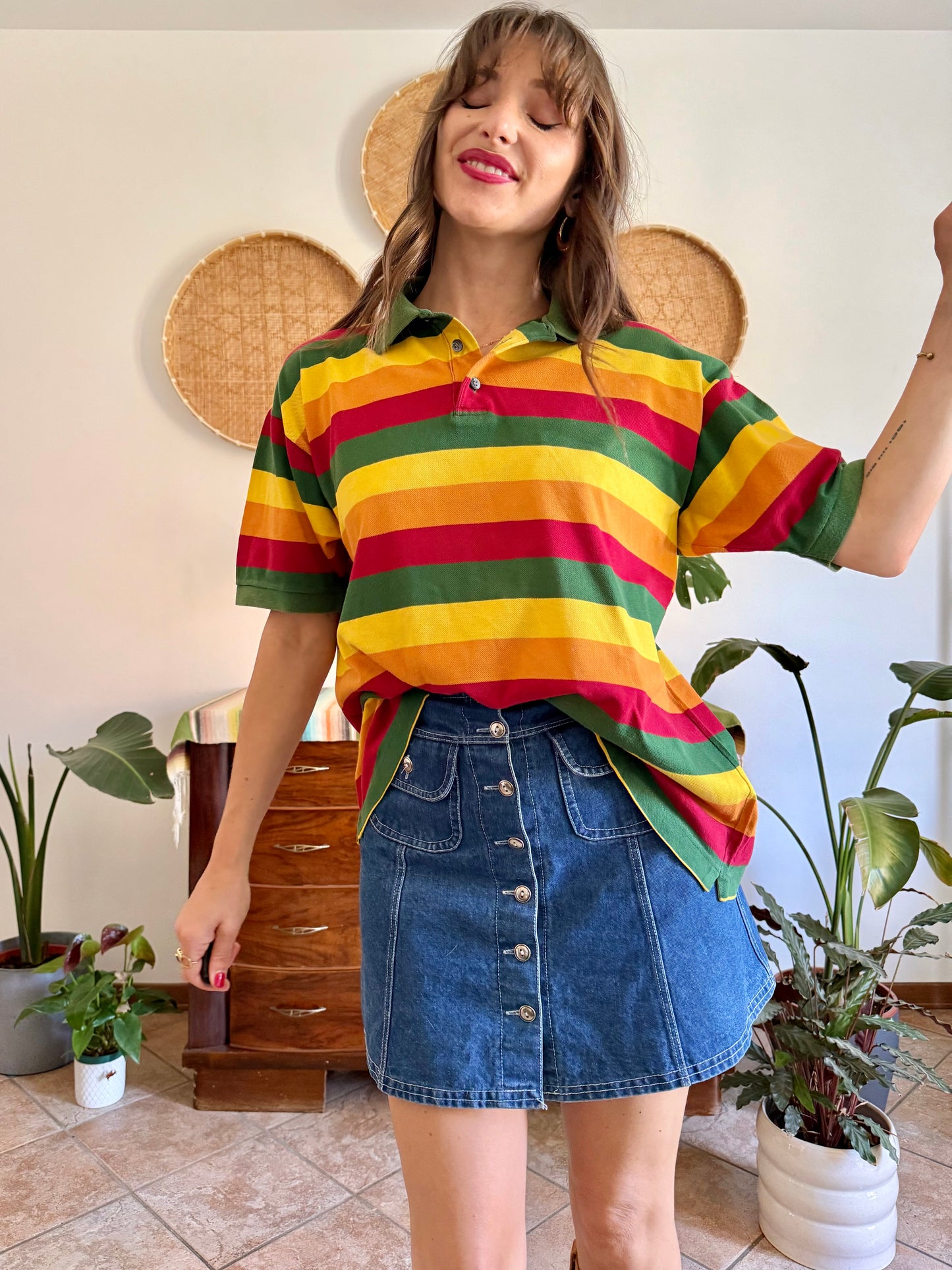 1990’s vintage red, yellow and green stripe polo