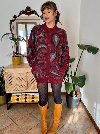 1970’s vintage burgundy, grey and black knit dress