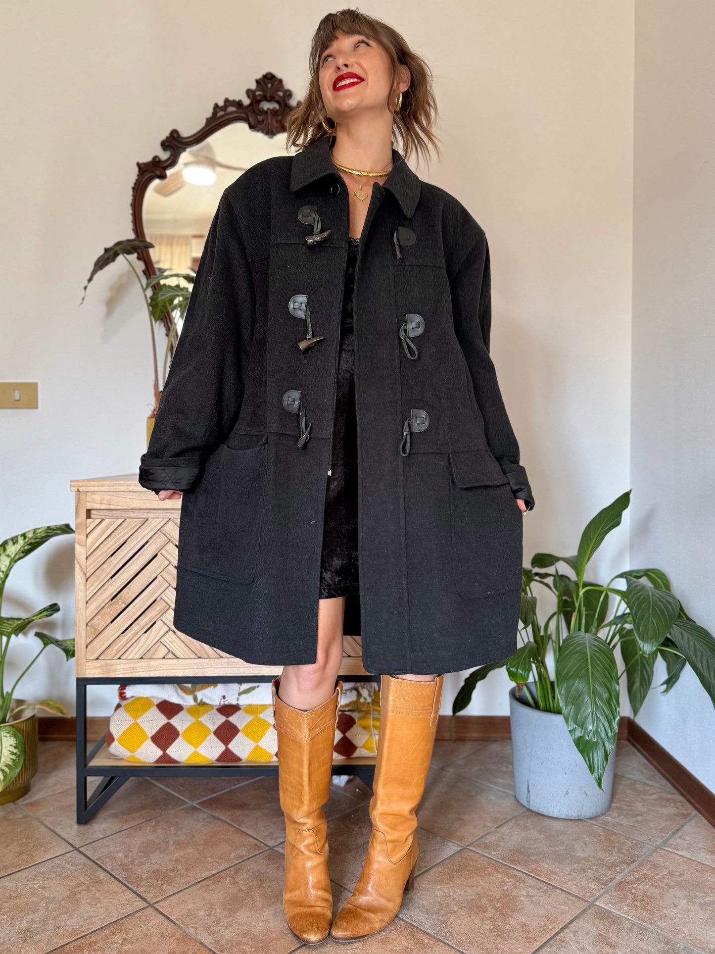 1970’s vintage charcoal grey cashmere and wool coat with toggle details