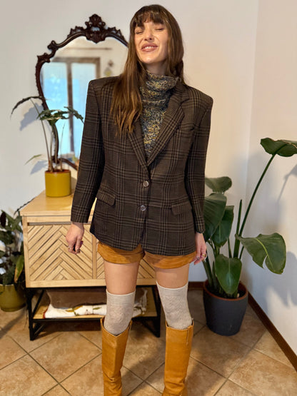 1990's vintage cashmere, wool and silk blend chocolate brown and blue blazer