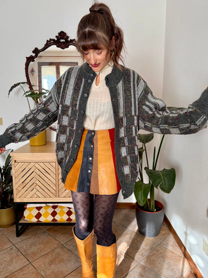 1970’s vintage grey cardigan with burgundy and yellow knit geometric pattern