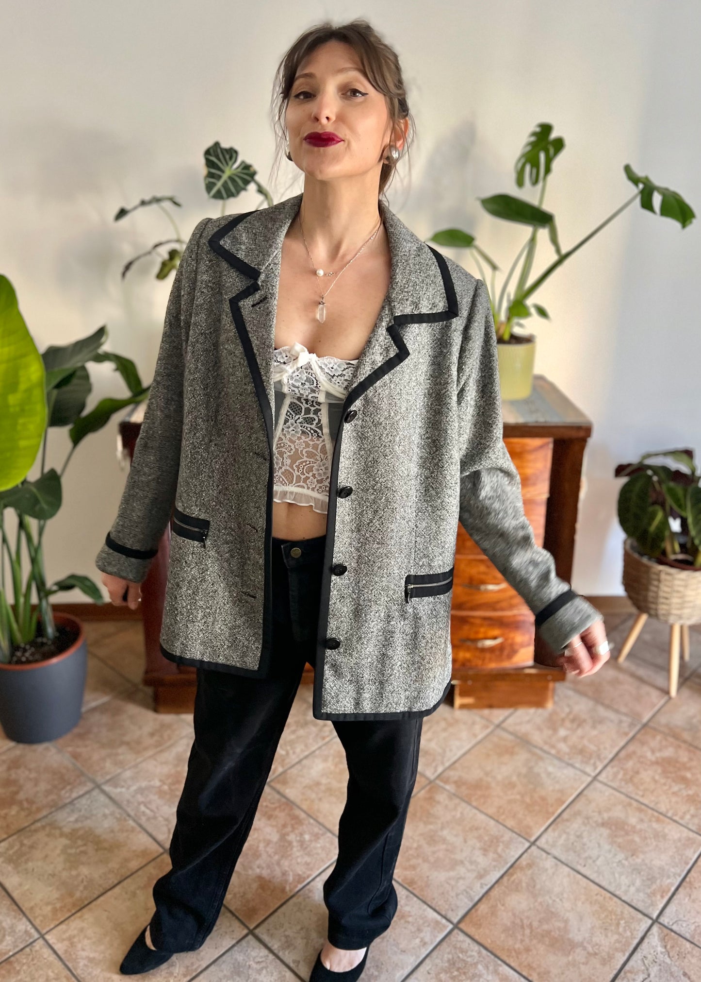 1990's vintage grey tweed oversize blazer with black trim