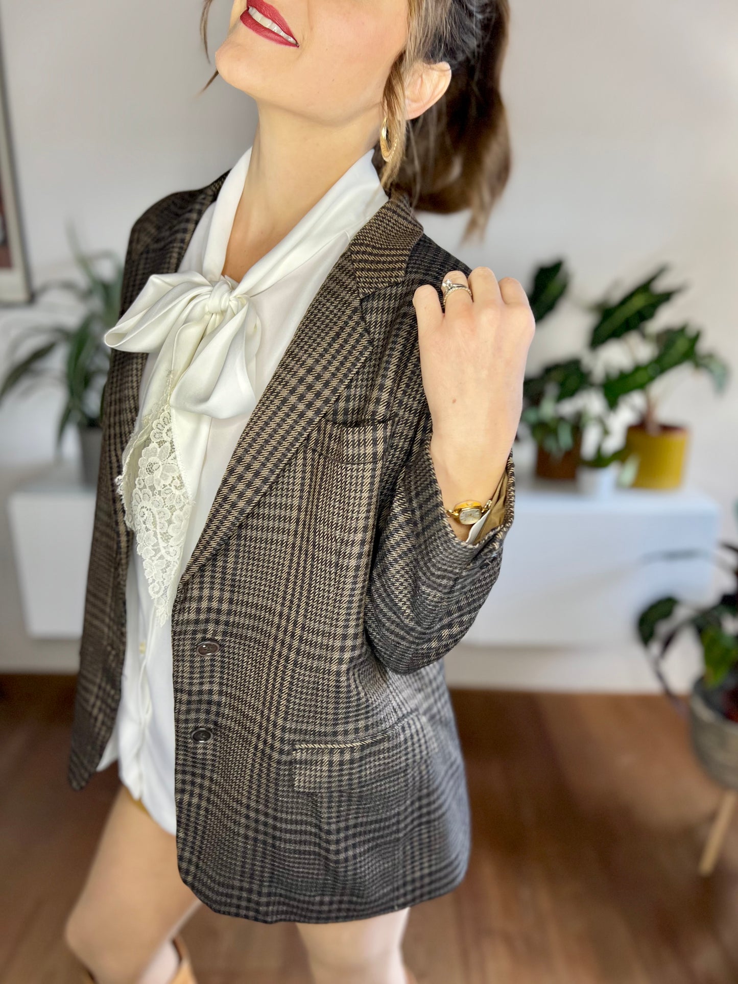 1970's vintage chocolate brown and blue cashmere blend plaid blazer