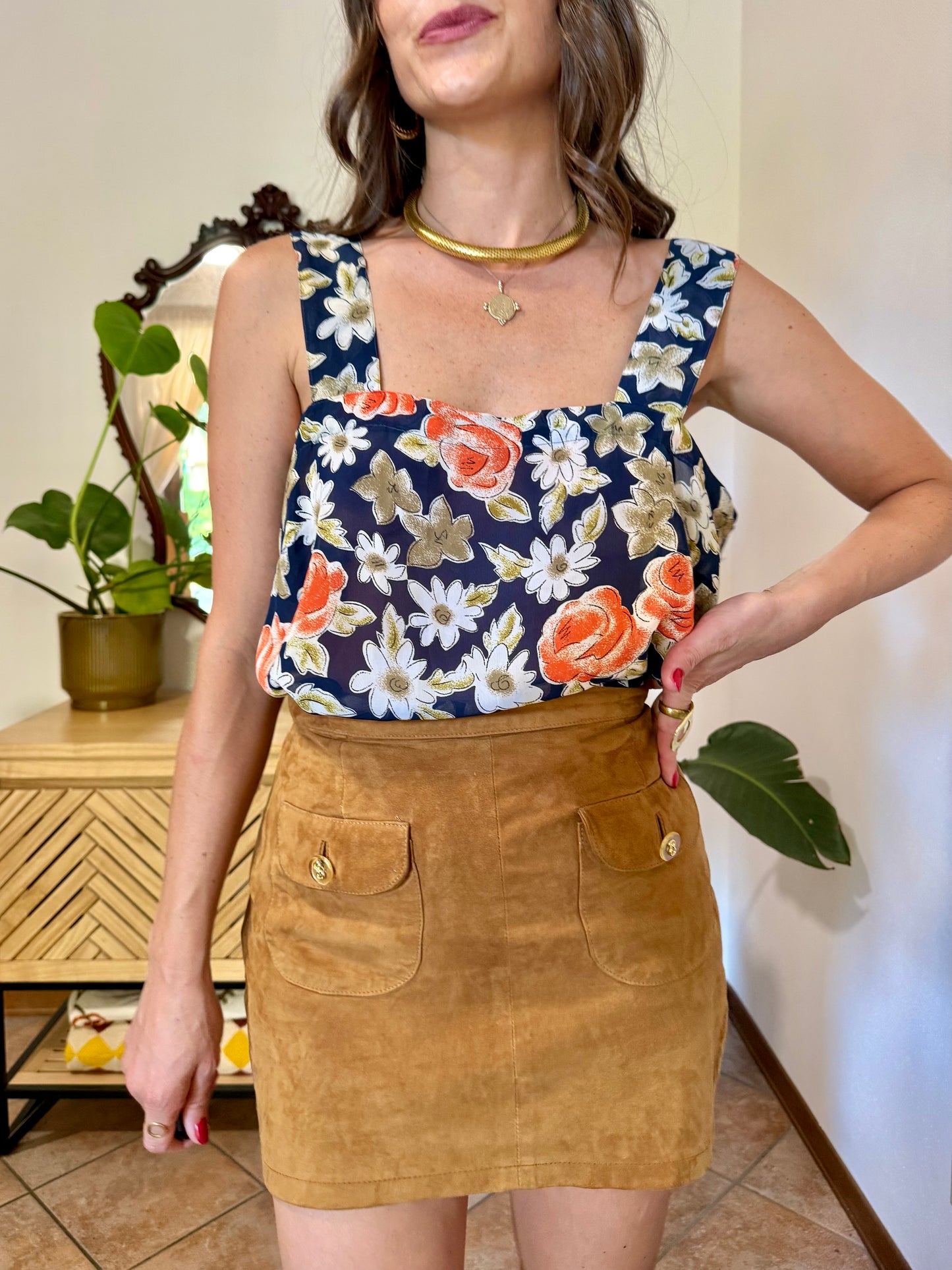 1970’s vintage navy, cream and orange floral blouse