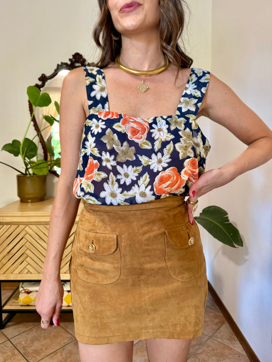 1970’s vintage navy, cream and orange floral blouse