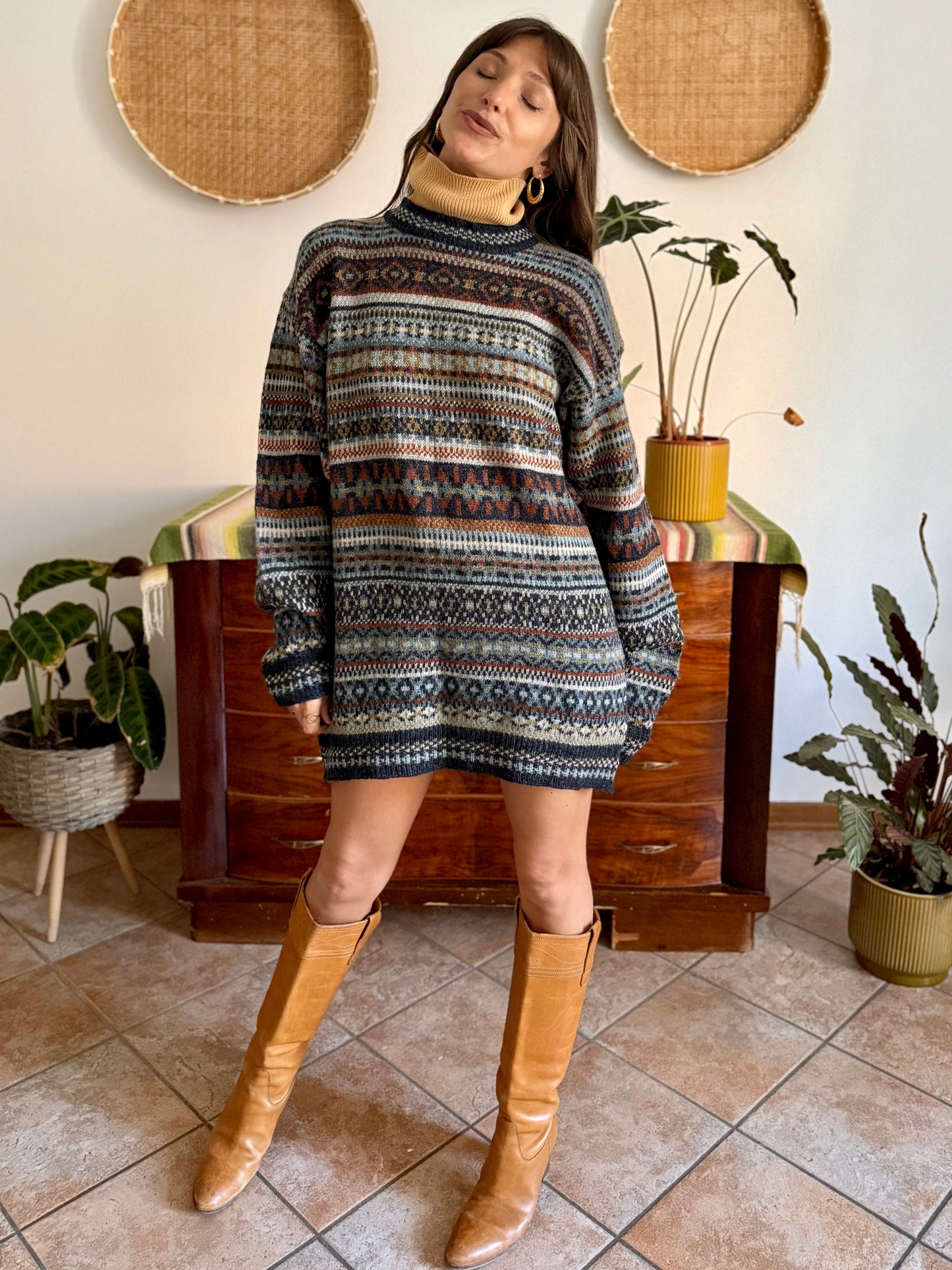 1990's vintage wool chocolate brown, navy and light blue geometric stripe knit sweater dress