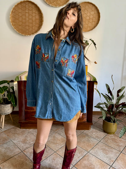 1990's vintage denim shirt with red, yellow and green embroidered autumn leaves